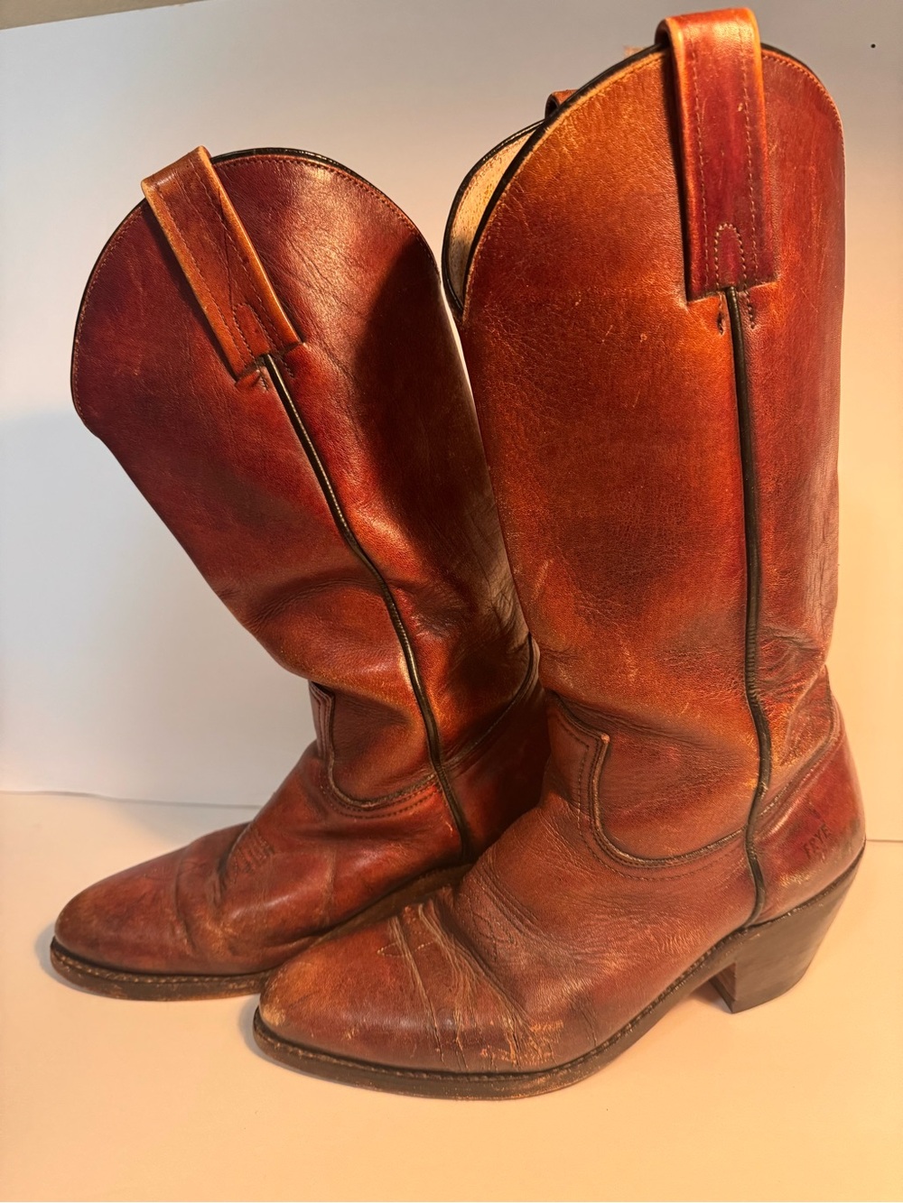 Frye Tan and Brown Leather Cowboy Boots (Interior Label Visible)